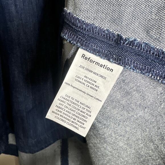 Reformation Zoie Denim Midi Dress Strapless Corset Fit Flare Blue Jean Dress 2 - Picture 5 of 6